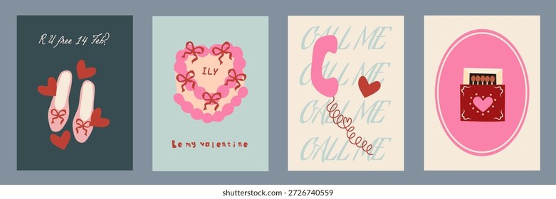 Concepto creativo de las tarjetas del día de San Valentín feliz. Diseño de arte abstracto moderno con corazones, tacones, pastel, doodle lindo. Plantillas de celebración, anuncios, marca, Anuncio, cubierta, etiqueta, cartel, ventas.