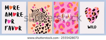Creative concept of Happy Valentines Day cards set. Modern abstract art design with hearts, wild cat, modern typography. Templates for celebration, ads, branding, banner, cover, label, poster, sales