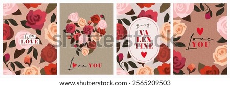 Creative concept of Happy Valentines Day cards set. Modern art design with roses, hearts and modern typography. Templates for celebration, ads, branding, banner, cover, label, poster in trendy brown