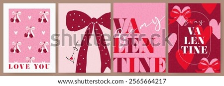 Creative concept of Happy Valentines Day cards set. Modern abstract art design with cherry, hearts, bows, modern typography. Template for celebration, ads, branding, banner, cover, label, poster, sale