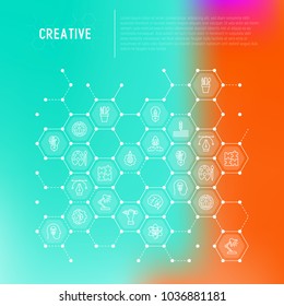 Creative concept in honeycombs with thin line icons: generation of idea, start up, brief, brainstorming, puzzle, color palette, creative vision. Modern vector illustration for web page, print media.