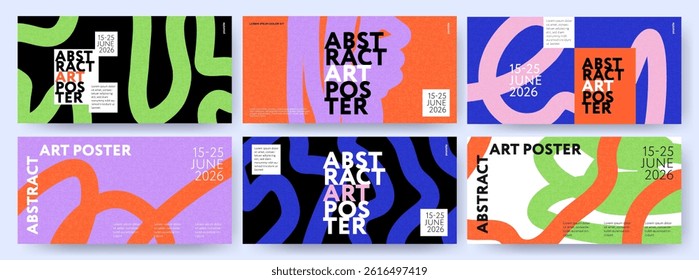 Creative concept of horizontal posters or covers with modern abstract design with hand drawn wavy shapes and lines. Bright art templates for ads, branding, banner or flyer, cover, label, print, sales