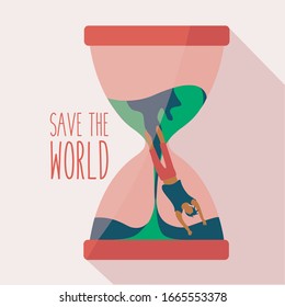 creative concept Hourglass earth flat design death. save the world & man or person inside. character live with corona virus vector. sick people in asia or chaina. dangerous Globe & warning to travel