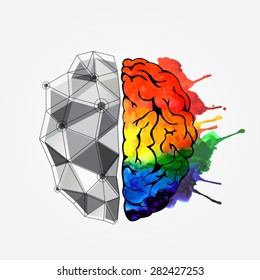 Creative concept of the human brain. Left and right side. Brain left and right side hemispheres concept. Vector illustration   