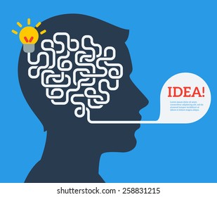 Creative concept of human brain, vector illustration. Idea Development poster or banner. Man head with light bulb