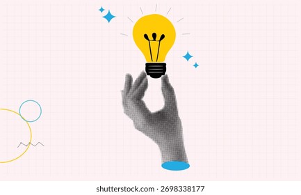 Concepto creativo de una mano humana que sostiene una bombilla brillante brillante contra un fondo de semitono, que simboliza la innovación, las grandes ideas, las soluciones y el éxito en los negocios modernos.