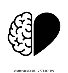 Creative concept icon featuring brain half and heart half representing balance between logical reasoning and emotion.