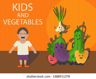 Creative concept illustration with little boy who afraid of catroon vegetables characters - garlic, pepper, raddish, eggplant. Frightening shade on wall. Crying child don't like veggies. Hand drawn 