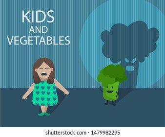 Creative concept illustration with little girl who afraid of catroon vegetable character - green broccoli behind her with huge ugly shade. Crying child don't like veggies. Dark scary room.