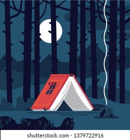 Creative concept illustration on fascinating book reading. Vector flat design background on imaginary world with camp tent in the shape of open book lost in the woods 