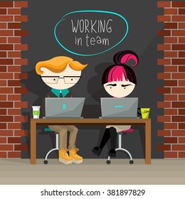 Creative concept illustration of team working. Vector flat design. Young cartoon boy and girl sitting at one table, looking in laptops, having their cups on the table, working together.