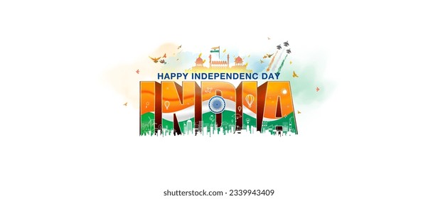 Concepto creativo de la libertad india, celebración del Día de la Independencia. Skyline, crecimiento y desarrollo de una ciudad inteligente con antecedentes monumentales. 