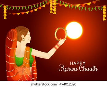 Creative concept of a indian women see moonrise for praying,celebrated indian festival of karwa chauth.