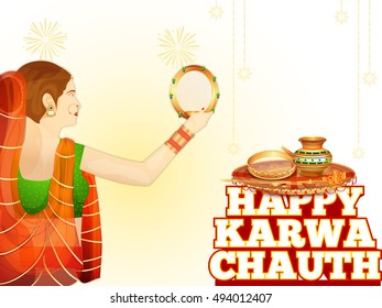 Creative concept of a indian women see moonrise for praying,celebrated indian festival of karwa chauth.