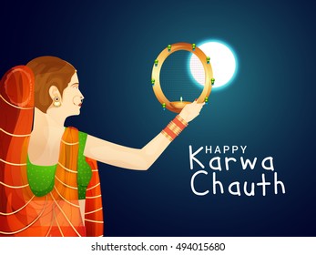 Creative concept of a indian women see moonrise for praying,celebrated indian festival of karwa chauth.