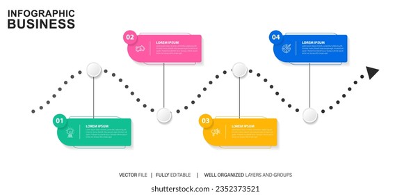 Concepto creativo para infografía con 4 pasos, opciones, partes o procesos. Visualización de datos empresariales.
