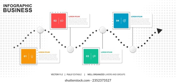Concepto creativo para infografía con 4 pasos, opciones, partes o procesos. Visualización de datos empresariales.

