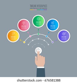 Creative concept for infographic with 5 options. Hand holding start up button with timeline infographic business design and marketing icons for presentation, annual report, diagram, workflow layout.