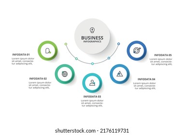 Concepto creativo para infografía con 5 pasos, opciones, partes o procesos. Visualización de datos empresariales.