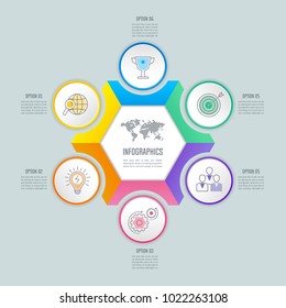 Creative concept for infographic with 6 options, parts or processes. Timeline infographic business design and marketing icons for presentation, annual report, diagram, workflow layout and web design.