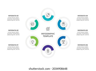 Kreatives Konzept für Infografik mit 6 Schritten, Optionen, Teilen oder Prozessen. Visualisierung von Geschäftsdaten.