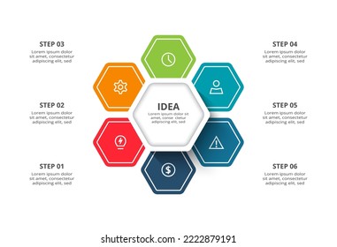 Concepto creativo para infografía con 6 pasos, opciones, partes o procesos.