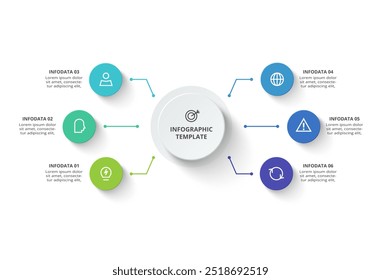 Concepto creativo para infografía con 6 pasos, opciones, partes o procesos. Visualización de datos empresariales.