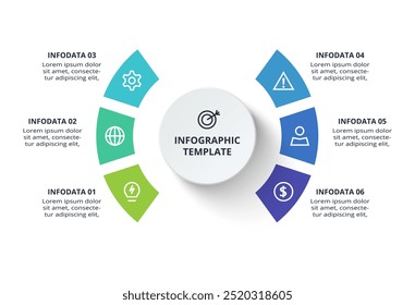 Concepto creativo para infografía con 6 pasos, opciones, partes o procesos. Visualización de datos empresariales.