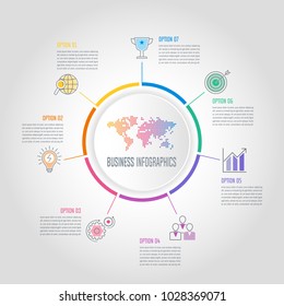 Creative concept for infographic with 7 options, parts or processes. Timeline infographic business design and marketing icons for presentation, annual report, diagram, workflow layout and web design.
