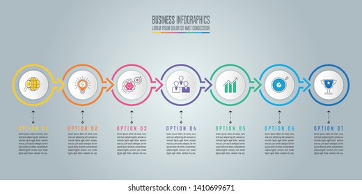 Creative concept for infographic with 7 options, parts or processes. Timeline infographic business design and marketing icons for presentation, annual report, diagram, workflow layout and web design.