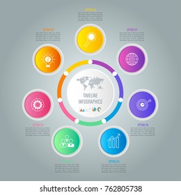 Creative concept for infographic with 7 options, parts or processes. Timeline infographic business design and marketing icons for presentation, annual report, diagram, workflow layout and web design.