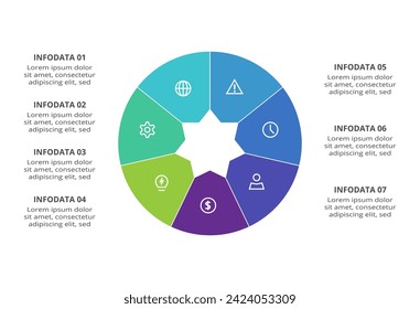 Kreatives Konzept für Infografik mit 7 Schritten, Optionen, Teilen oder Prozessen. Visualisierung von Geschäftsdaten.