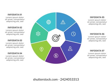 Kreatives Konzept für Infografik mit 7 Schritten, Optionen, Teilen oder Prozessen. Visualisierung von Geschäftsdaten.