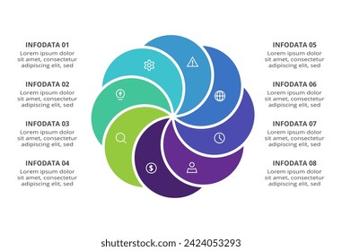 Kreatives Konzept für Infografik mit 8 Schritten, Optionen, Teilen oder Prozessen. Visualisierung von Geschäftsdaten.