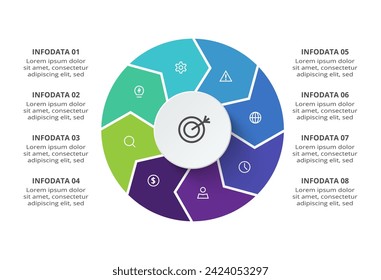 Concepto creativo para infografía con 8 pasos, opciones, partes o procesos. Visualización de datos empresariales.