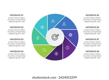 Concepto creativo para infografía con 8 pasos, opciones, partes o procesos. Visualización de datos empresariales.