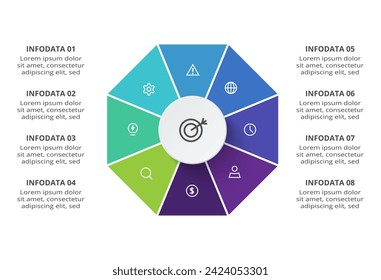 Concepto creativo para infografía con 8 pasos, opciones, partes o procesos. Visualización de datos empresariales.