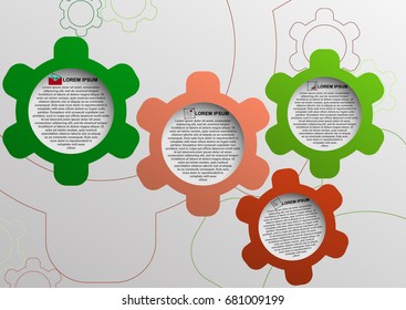 Creative concept infographic. Business data visualization.Vector illustration 4 gears options steps process chart. Cartoon style design high quality realistic shadows presentation template parts 