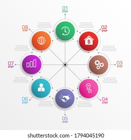Kreatives Konzept für Infografik mit 8 Schritten, Optionen, Teilen oder Prozessen. Vektorgeschäftsvorlage für die Präsentation 