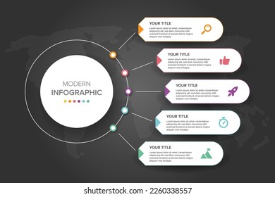 Concepto creativo para el elemento infográfico opciones vector 5, pasos, lista, proceso. Resumen de elementos del gráfico, diagrama con pasos, opciones, partes o procesos, infografías de la línea de tiempo, flujo de trabajo o gráfico.