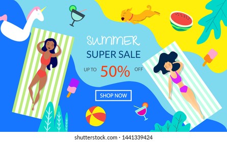 Creative concept of Landing Page, Flyer or Banner for Travel Agency or Tour operator. Flat Vector Illustration featuring Girls on mattress, inflatable unicorn, watermelon, dog.