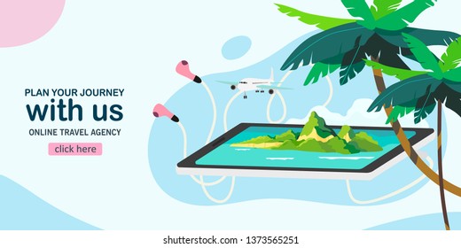 Creative concept of a landing page,flyer or blog post for travel agency or tour operator. Flat isometric vector illustration of an exotic island in a smatrphone, palm trees and a plane.  