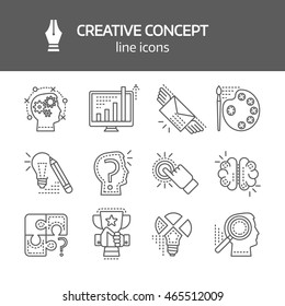 Creative concept linear monochrome icons with inspiration brainchild puzzle searching of solutions success isolated vector illustration   