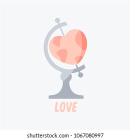 creative & concept love text. world shaped red or pink sweet heart isolated & flat design. cartoon globe or global. logo peace icon symbol & idea. save earth. donation. save the beautiful world vector