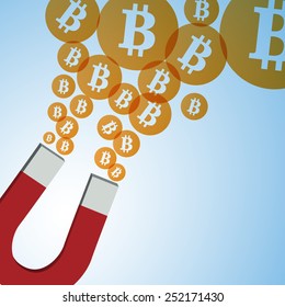 Creative Concept - Magnet attracting Bitcoins poster with copy space. 