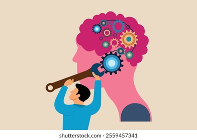 Creative concept of mental health, brain mechanics, and cognitive therapy. Illustration of a man fixing gears in a brain symbolizing problem-solving, psychology, and mental well-being improvement.
