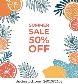Creative concept of minimal summer poster. Vector hand-drawn citrus fruits and tropical leaves Ideal for online stores, special offers, social media ads, and branding,banner, cover, label