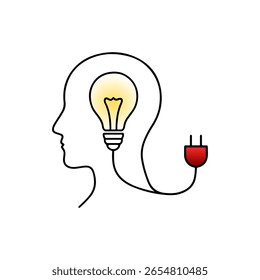 A creative concept of a minimalist human head with a light bulb symbolizing the flow of ideas and inspiration in the digital age.