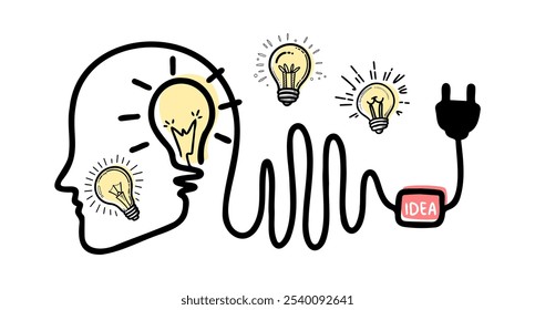 Creative concept of a minimalistic human head with a light bulb and plug symbolizing the flow of ideas and inspiration in a digital age