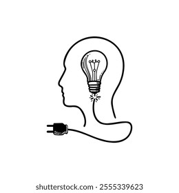 Creative concept of a minimalistic human head with a light bulb and plug symbolizing the flow of ideas and inspiration in a digital age